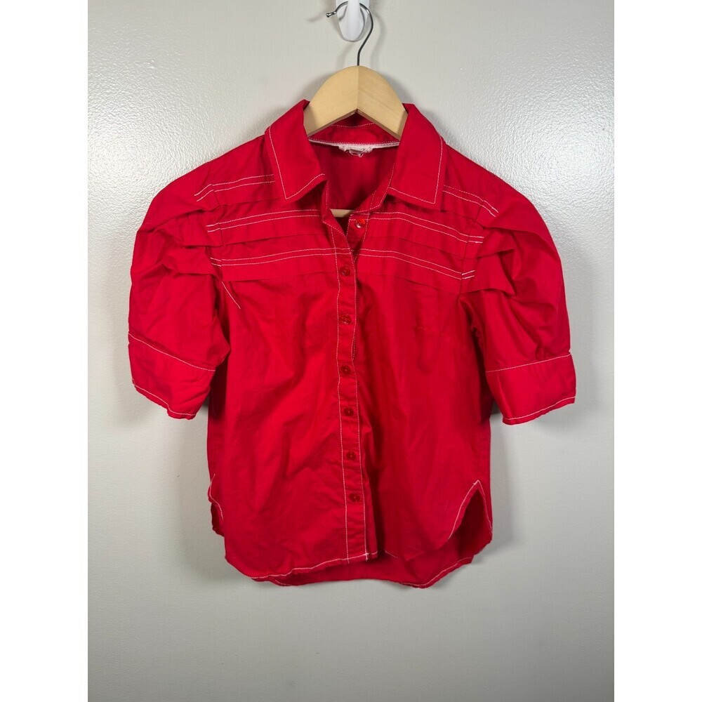 Anthropologie Pilcro Reworked Short Sleeve Button Up Size XS Red Pleated